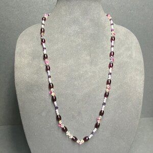 Beaded Necklace 30 In Glass Crystal Magenta Pink Purple Iridescent Pearl Vintage